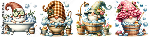 gnomes, bath, tub, summer, spring, watercolor, clipart, paint, cute, checkered, bubbles, reading, flowers, towel, relaxing, glasses, hats, long-beard, whimsical, fantasy, art, illustration, barrel, wa