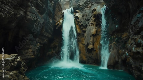 A majestic waterfall cascading down rugged rocks into a turquoise pool below