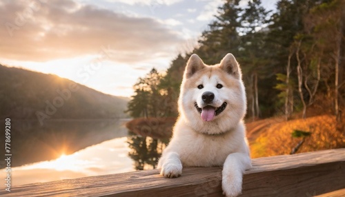 adult akita female dog looking at attention at the edge of a woodline background image