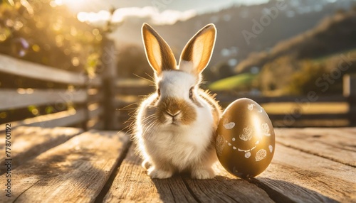 charming bunny gently resting its paw on an egg against a rustic wooden backdrop a sweet symbol of easter traditions