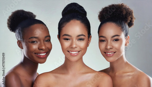 Beauty portrait, Multi ethnic group of women with different skin types isolated on nude background, studio shot, healthy and smooth skin, for cosmetic and woman power concept