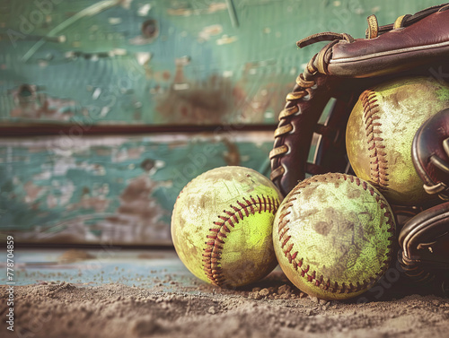 Weathered softball and gloves on the field, a nostalgic sports background