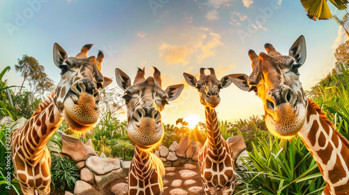 A group of elegant giraffes standing side by side, showcasing their long necks and unique spots in the savanna