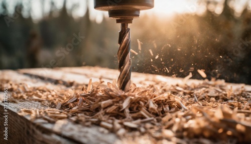 close shot of drill bit entering wood wood shavings scattered