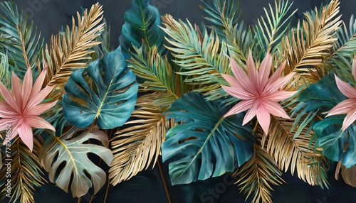 tropical leaves in green blue pink bright color seamless border luxury wallpaper premium mural floral pattern on dark background hand drawn 3d illustration modern stylish design beautiful art