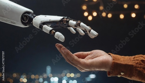  the robot's hand touches the human hand on a black background. the concept of helping artificial intelligence to people. development of AI technologies and robotics. AI generation