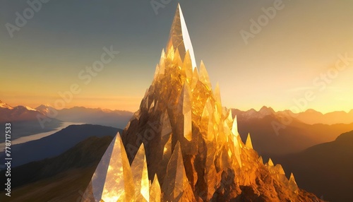 an illustration of a crystalized mountain peak showing a spire of crystal shapes with a low valley