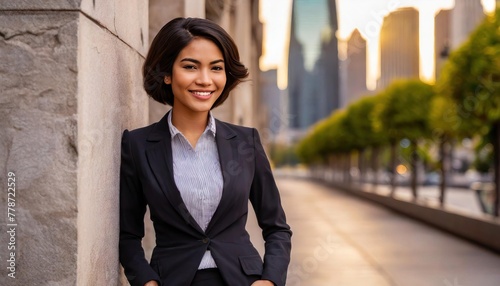 Smiling businesswoman with hands in pockets leaning on wall
