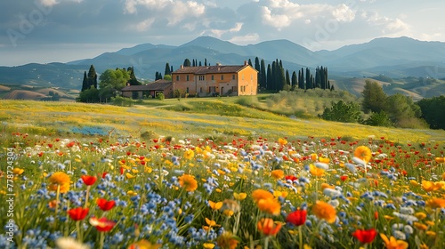 A picturesque Tuscan landscape, showcasing a vibrant field of wildflowers with a classic Italian villa in the background under a serene sky. 