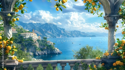 A picturesque view of a Mediterranean seascape from a lemon tree-framed balcony overlooking the coast and sailing vessels 