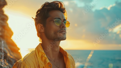 A stylish man in sunglasses enjoying a scenic sunset at the beach with a sense of tranquility and freedom. 