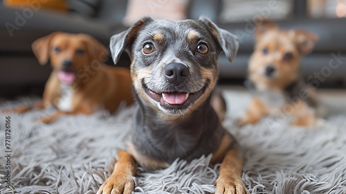 Three adorable dogs are lying on a cozy shag carpet, with the focus on the one in the center who is looking directly at the camera with a cheerful expression. 