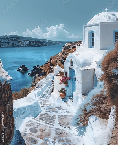 A picturesque view of a traditional white building with a blue dome overlooking the Aegean Sea in Santorini, Greece. 