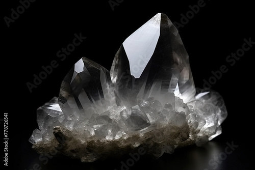 Quartz is a rare precious natural stone on a black background. AI generated. Header banner mockup with space.