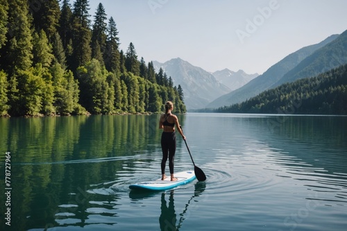 A woman, Stand Up Paddleboarding (SUP) in calm waters in Lake.