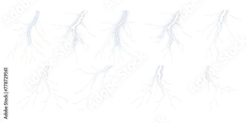 Lightning and thunder effect light, , magic electricity hit and thunderbolt effect isolated on transparent png. 