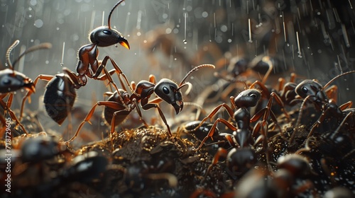 Ant Colony, unified strength, organized society, ants working together to build their intricate tunnels, in the midst of a gentle rain shower