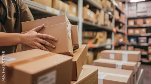 A postal worker disassembles and sorts parcels in a warehouse for further sending to the client by courier