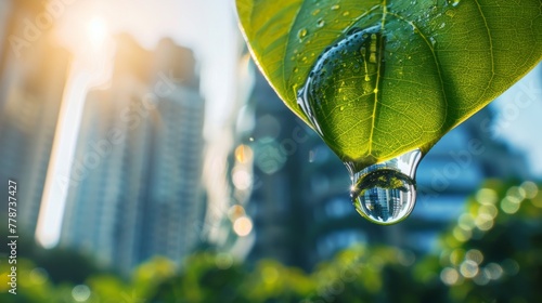 Large water droplet hanging on the edge of a vibrant green leaf with city skyscrapers in the background, highlighting urban nature.