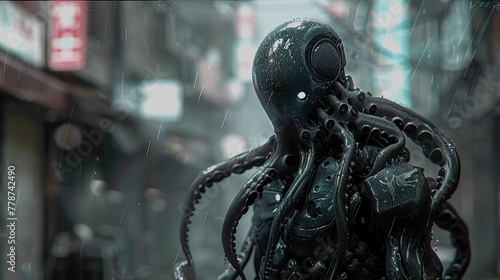 Knight cyborg with tentacles, blending into a shadowy, cyberpunk alleyway