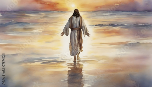 Watercolor painting of Jesus Christ walking on water in an impressionist style.