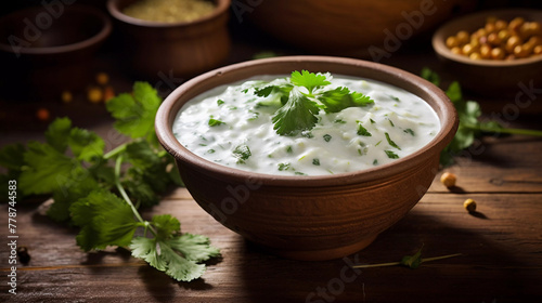 Bowl of Raita on the table,Closeup of ndian curd dish rayta 