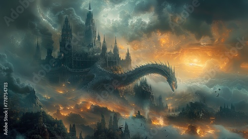 A magnificent dragon entwined around the spires of an ancient castle. mythical creature. Fictional world.
