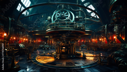 Photo Steampunk interior with massive machinery pipes clocks and giant vault door in the background