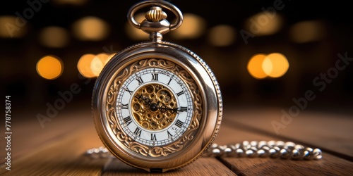 Resting elegantly on a wooden table, a gold pocket watch with Roman numerals adorning its face exudes timeless sophistication.