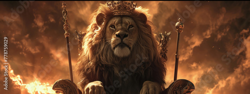a lion in a chair with a crown. The lion king