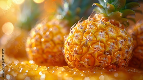  A cluster of golden-brown pineapples arranged atop a sparkling table bedecked with iridescent glitter