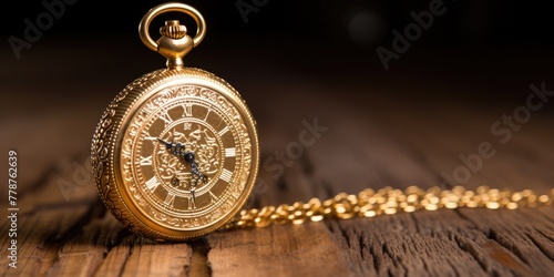 With an aura of classic charm, a gold pocket watch featuring Roman numerals rests gracefully atop a wooden table.