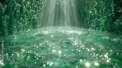  A photo of a lush green forest featuring sunlight emanating from the center and a flowing water stream originating from the same point