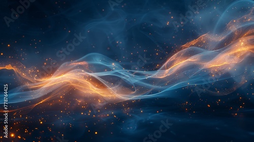  A dark blue background with an orange and blue smoke wave and gold sparkles