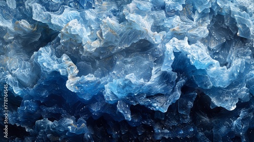  A detailed shot of a blue-white artwork resembling an ice sculpture suspended in mid-air