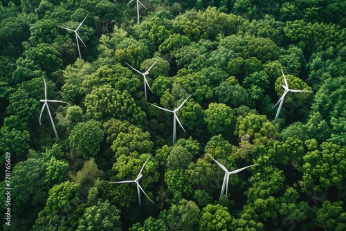 Wind Turbines in Lush Forest Aerial View