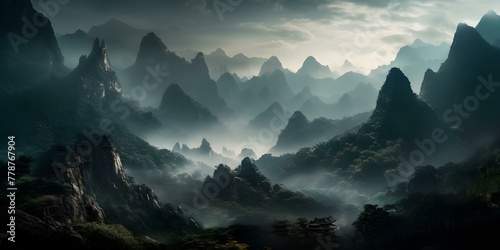 Misty Mountain Peaks with Traditional Pagodas