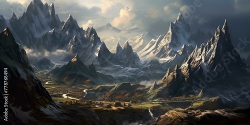 Majestic Mountain Peaks with a Serene Valley Village
