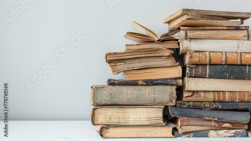 Pile of old books and documents in a minimal background