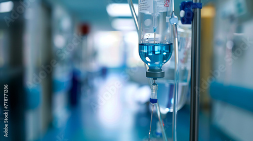 Equipo de botella de goteo intravenoso en el pasillo de un hospital para medicina o cuidados. Tratamiento de gota para quimioterapia en clínica hospitalaria