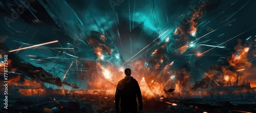 A man stands in front of a huge explosion. The scene was dark and chaotic, with rubble and fire everywhere.