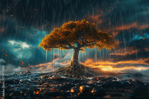 Craft an AI-rendered scene illustrating loyalty as a tree standing tall and proud amidst a storm, its roots firmly planted in the earth and its branches reaching towards the sky. Vibrant colors