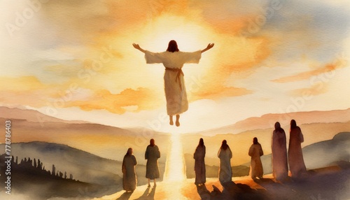 a watercolor depiction of jesus ascension witnessed by silhouetted figures in warm tones