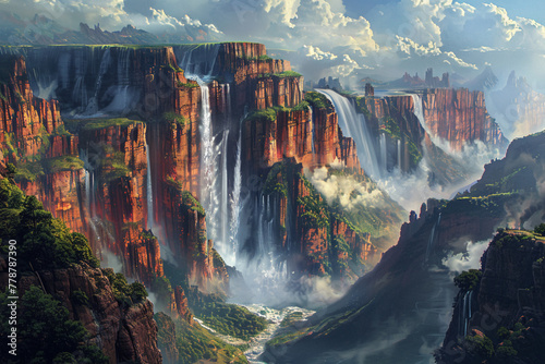 Create an AI artwork illustrating power and strength as a mighty waterfall cascading down from towering cliffs. Its thunderous roar echoes through the surrounding landscape, while its relentless flow 