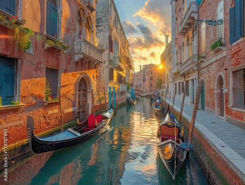 Venetian canal, gondolas gliding on water, historic architecture Romantic and Timeless Wide Angle & High-Resolution Reflective Waters & Soft Morning Light