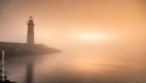 lighthouse seascape in mystic fog at night