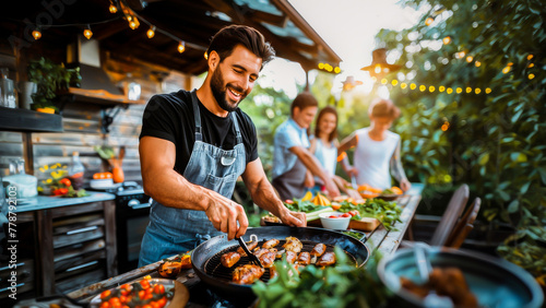 Smiling man grilling delicious food at a summer garden barbecue with friends or family enjoying the leisure time together.