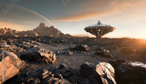 alien black sand landscape foreground giant sulphide minerals spaceship nordic rocky black rubble environment in background is sci fi futuristic spaceship