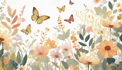 fleurs feuilles plantes et papillons volants multicolores abstraits sans couture vecteurs de motif isoles sur fond blanc illustration panoramique prairie d ete ia generative generative ia