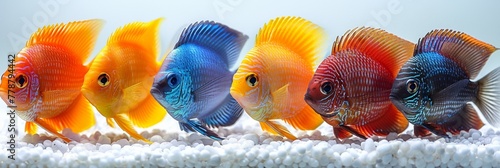 A kaleidoscopic group of exotic fish in a bright aquarium, showcasing vibrant colors and diverse aquatic life.